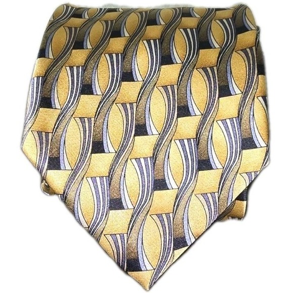 Umo Lorenzo Italy Hand Made Silk Men's Zip Up Tie Yellow Geo Pre-Tied Statement‎ - Picture 1 of 6